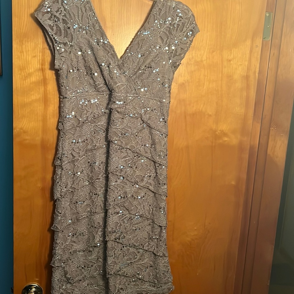Scarlet Nite Sequin  Taupe layers lace cocktail dress